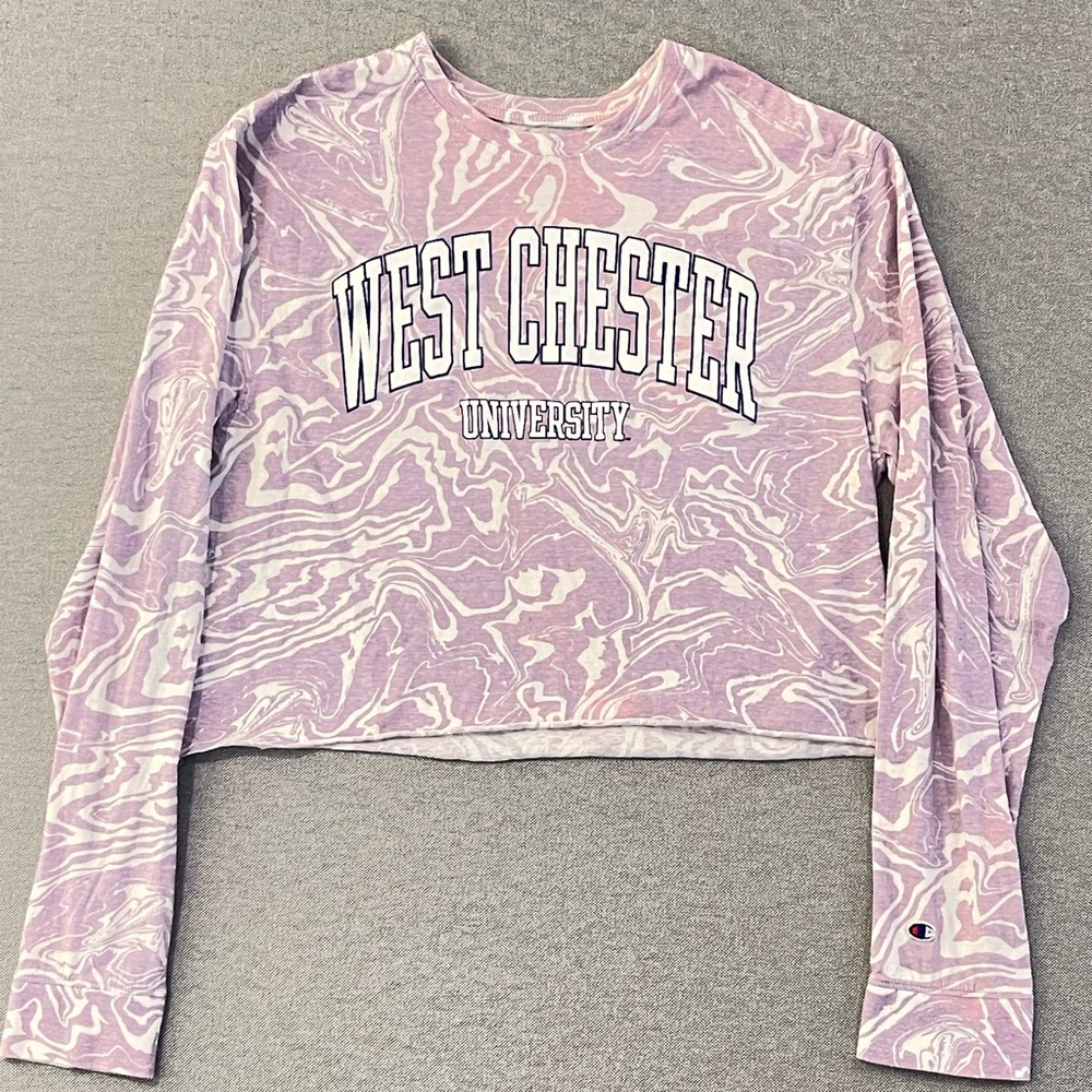 Champion West Chester University Cropped Long Sleeve Pink Marble‎ Graphic Top